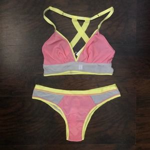 Pink and Yellow Mesh-ages Bra Panty Set Cosabella